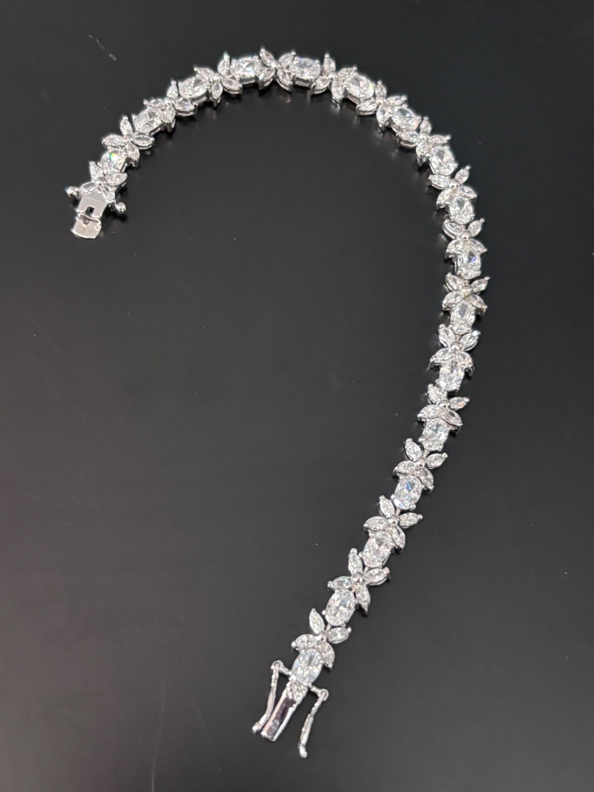 VTG Sterling Silver Bracelet Flower Oval Clear CZ 7.25 inches (Plus Necklace)