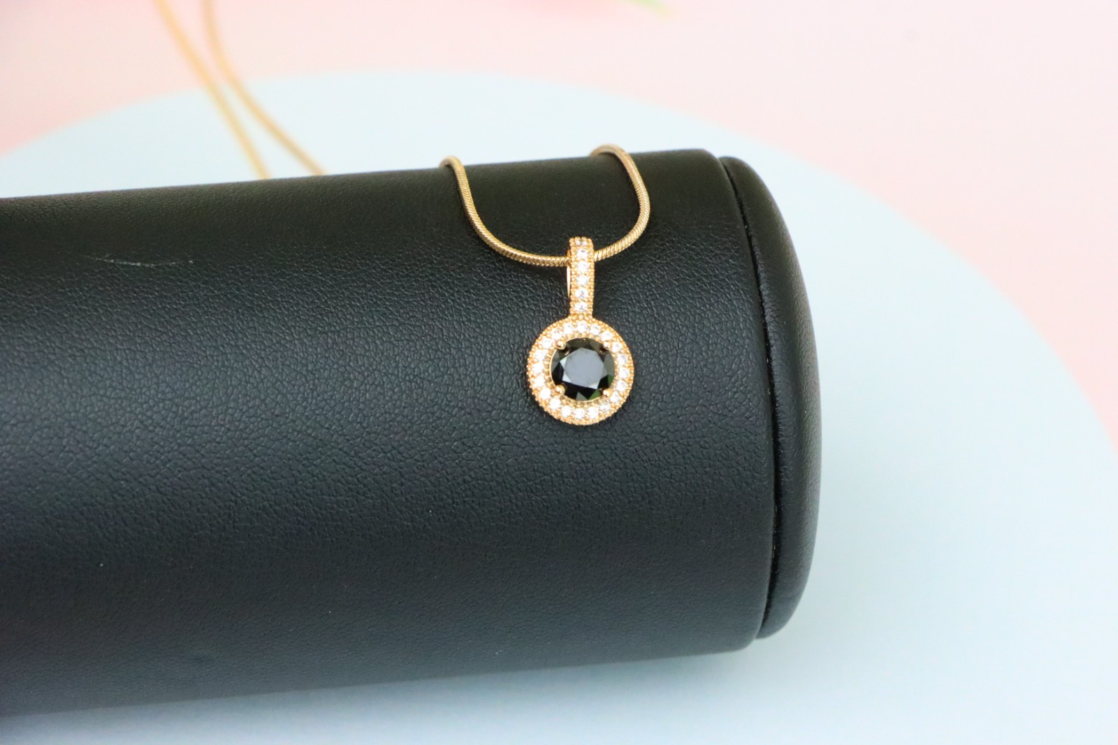 with Crystal Halo for Women, XPPT1740 Gold Plated Black Round Pendant