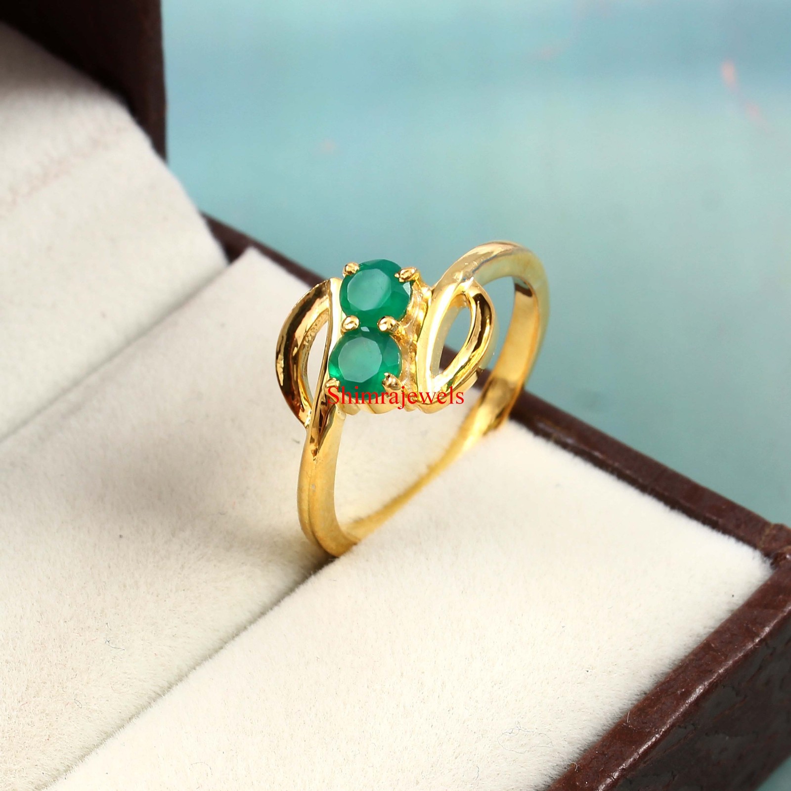 Natural Green Onyx Gemstone With 18k Gold Plated Silver Women’s Ring #38