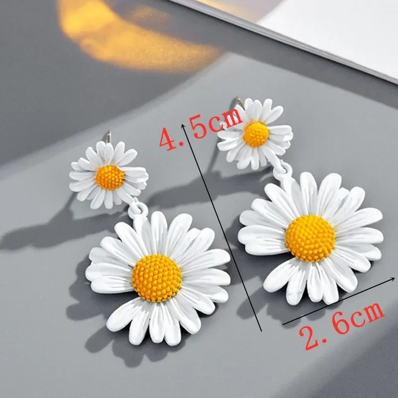 White Gold Tone Flower Drop Earrings Women Painted Metal Floral Classic Jewelry