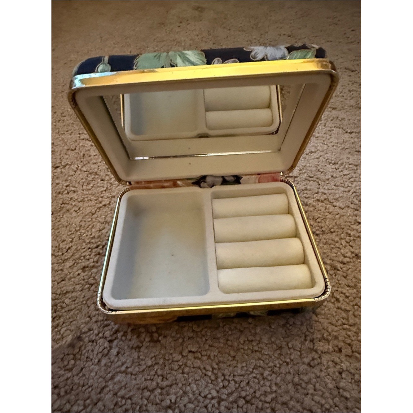 Hard case Floral Jewelry Organizer Box with Mirror – Cream Interior, Gold Trim