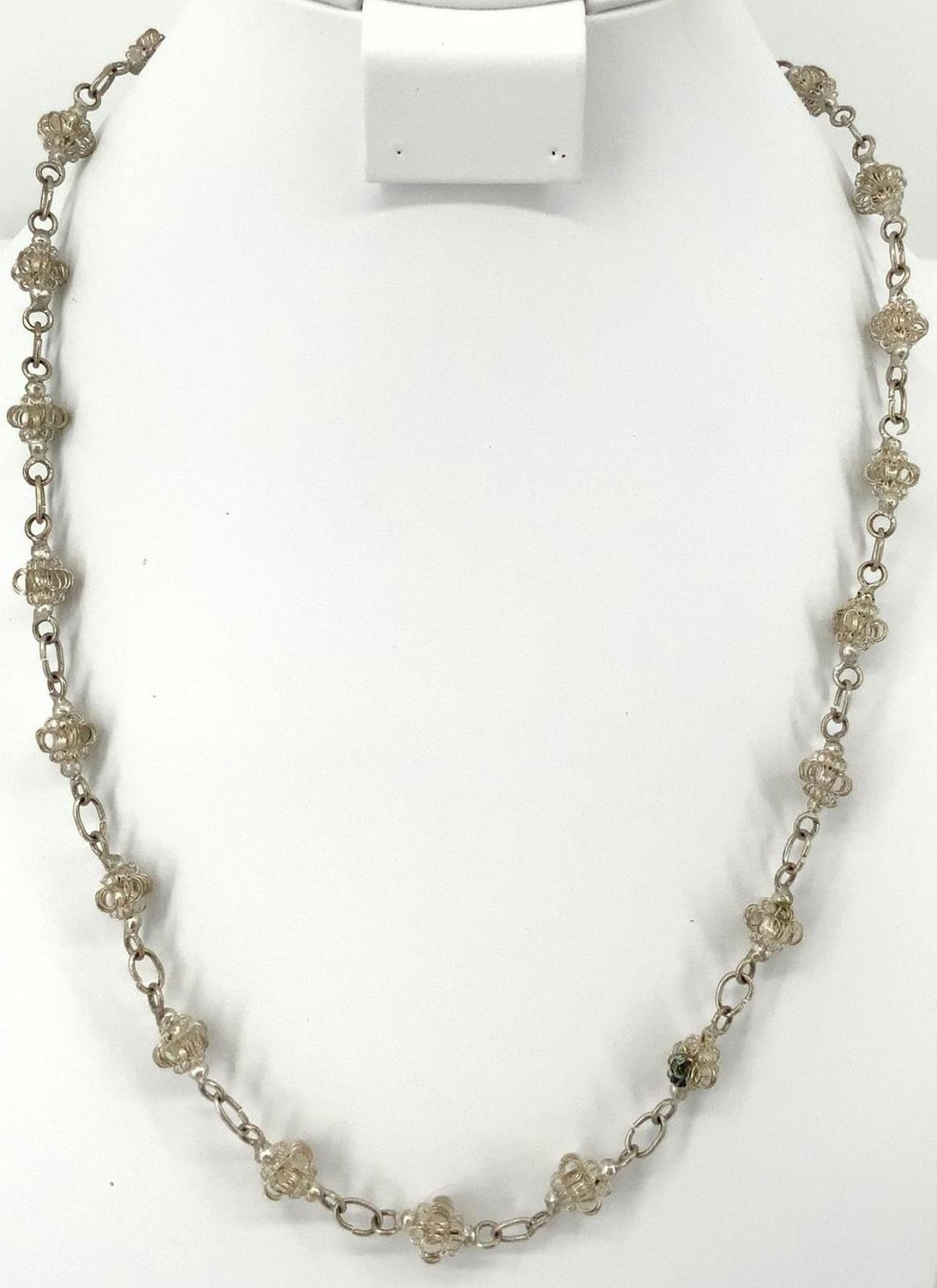 Vintage Silver Tone Filigree Wire Ball Ethnic Boho Necklace 24 Inch Long Chain