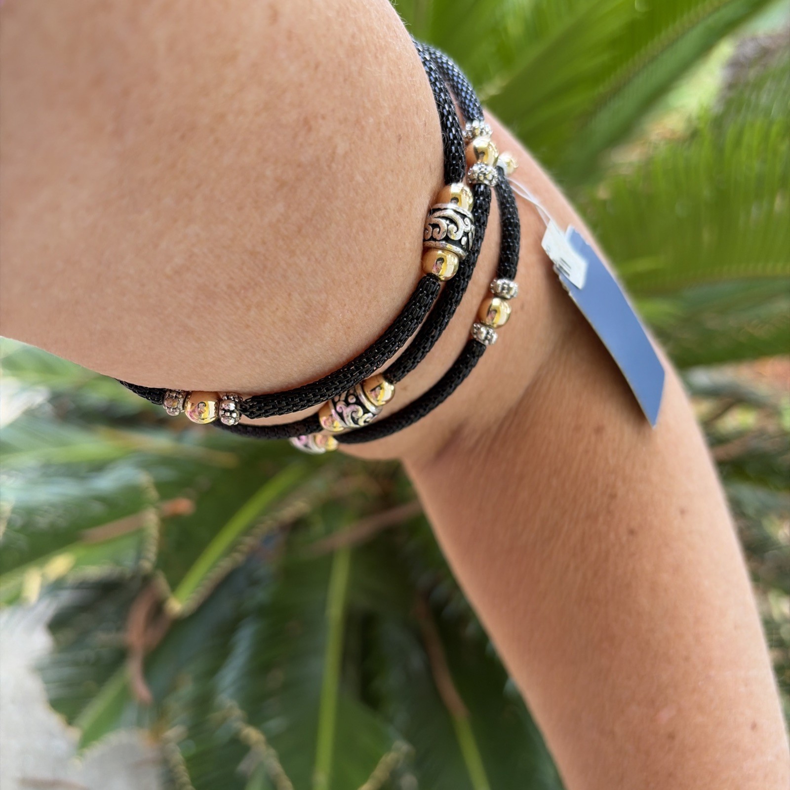 Beaded Bicep Coil Wrap Bracelet Black Silver Gold Tone Beads Large