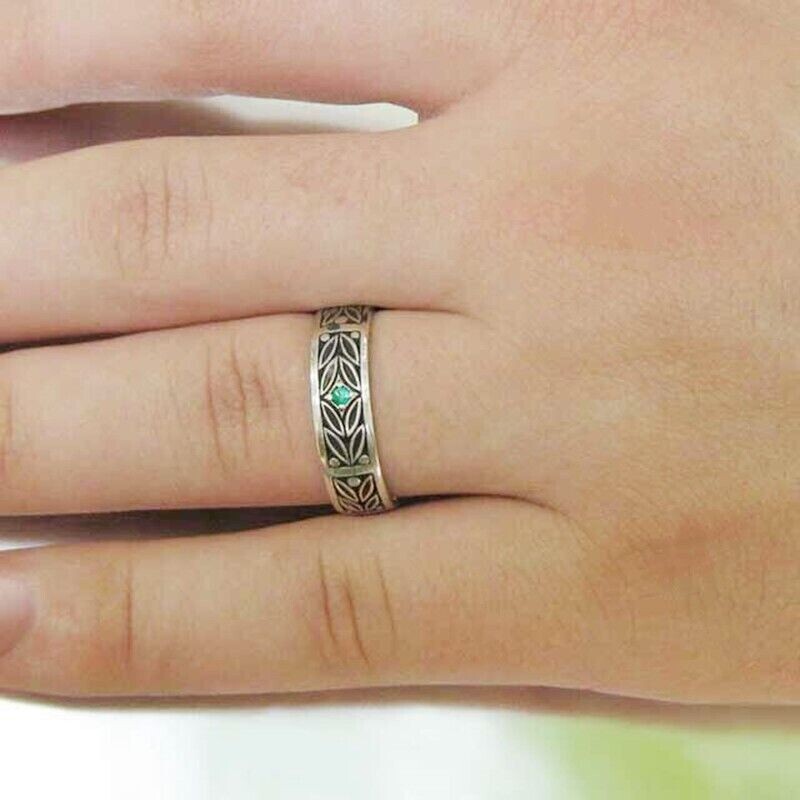 Retro Leaf Vintage Antique Band 1Ct CZ Elegant Unisex Promise Ring Silver Plated