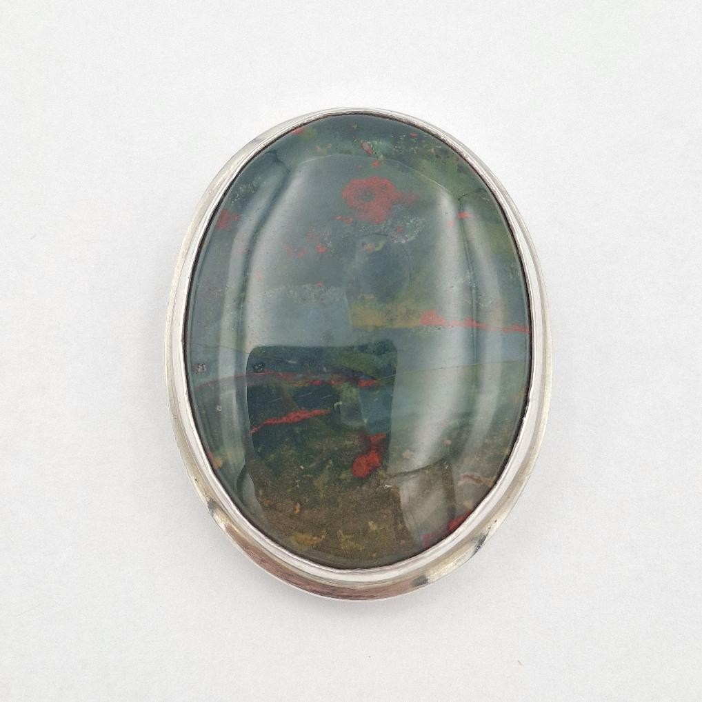 Vintage 925 Sterling Silver Large Oval Bloodstone Double Bail Slide Pendant