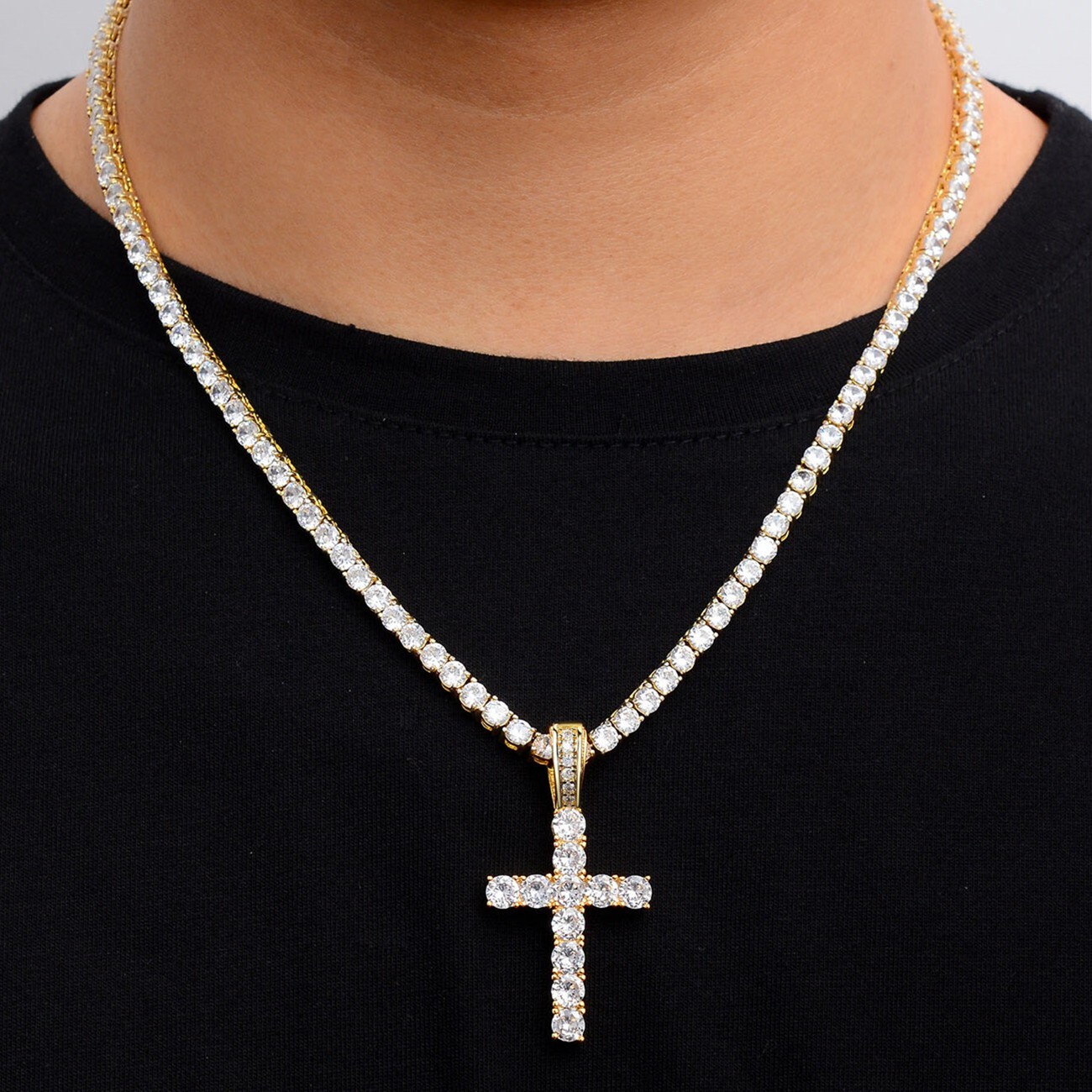 14k Gold Silver Plated Tennis Chain Choker ICED CZ Necklace with Cross Pendant