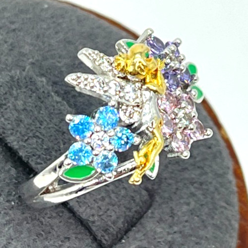 Ring Silver Tone Multi-Color Crystal Flowers w/Gold & Silver Flying Fairy Size 6