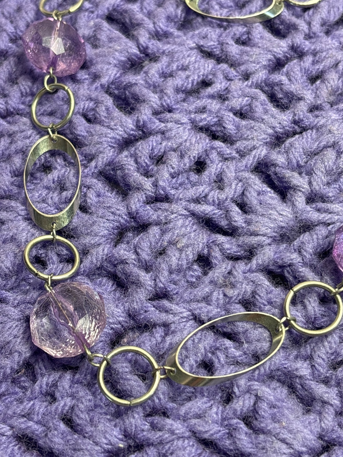 Geometric Silvertone Chain Necklace Purple Plastic Beads No Clasp 33 inches Long