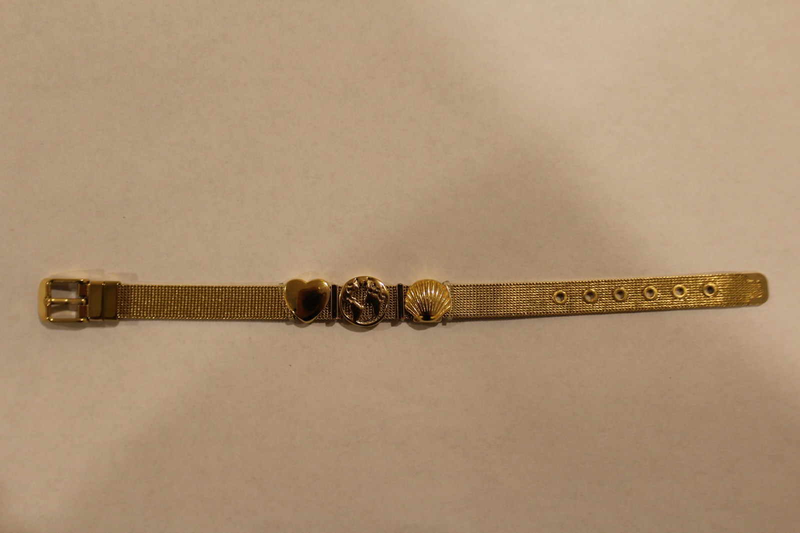 Gold Tone Stainless Steel Mesh Charm Bracelet Buckled Band with 3 charms