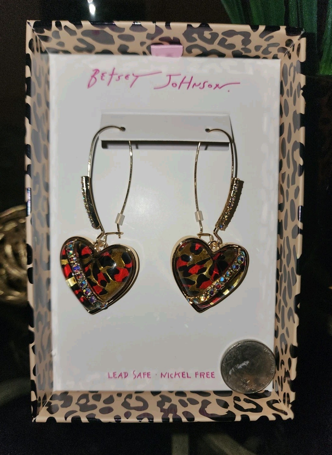 BETSEY JOHNSON Red /Black Leopard Cheetah Gold Dangle Crystal Earrings $49 NIB!