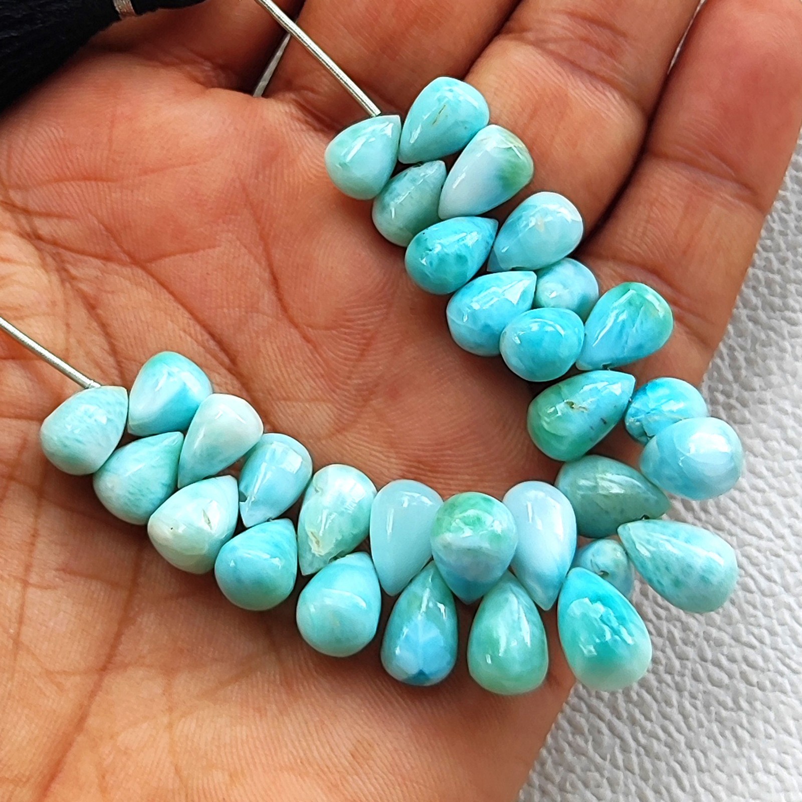 Dominican Republic Larimar Drop Beads 4″ Strand Smooth Gemstones 9x6mm-10x7mm