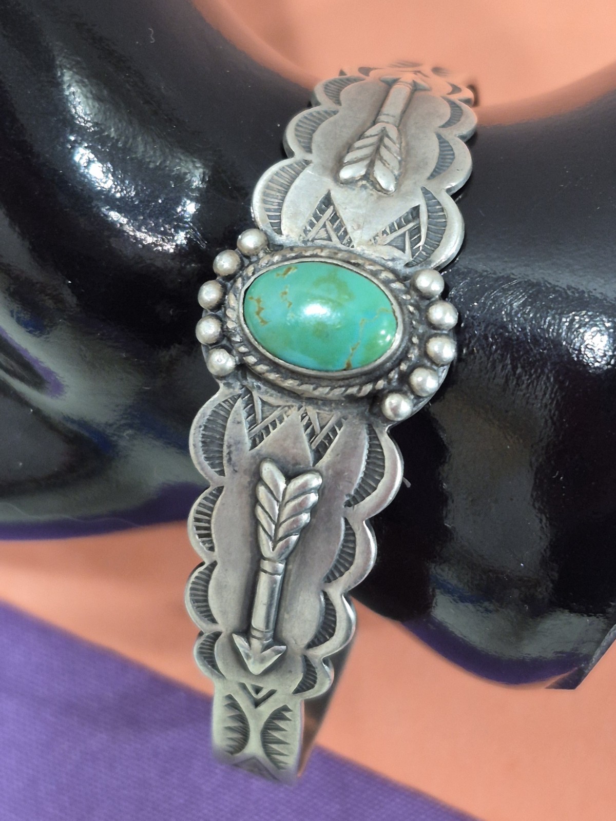 Vintage Fred Harvey Era Sterling Silver Turquoise Cuff Bracelet Arrow Stamp