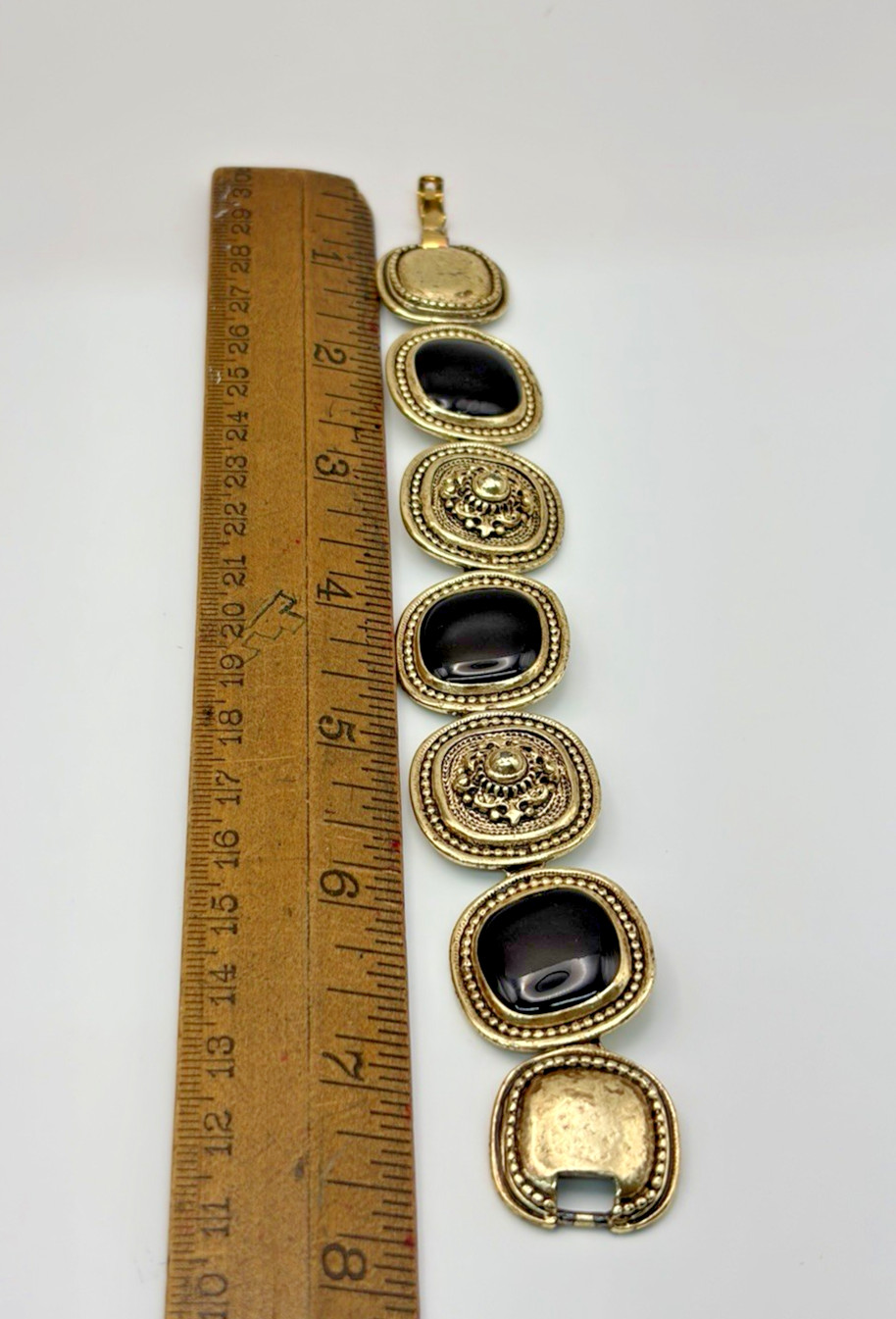 Vintage Gold Tone Etruscan Revival Black Stone Cabochon Link Bracelet
