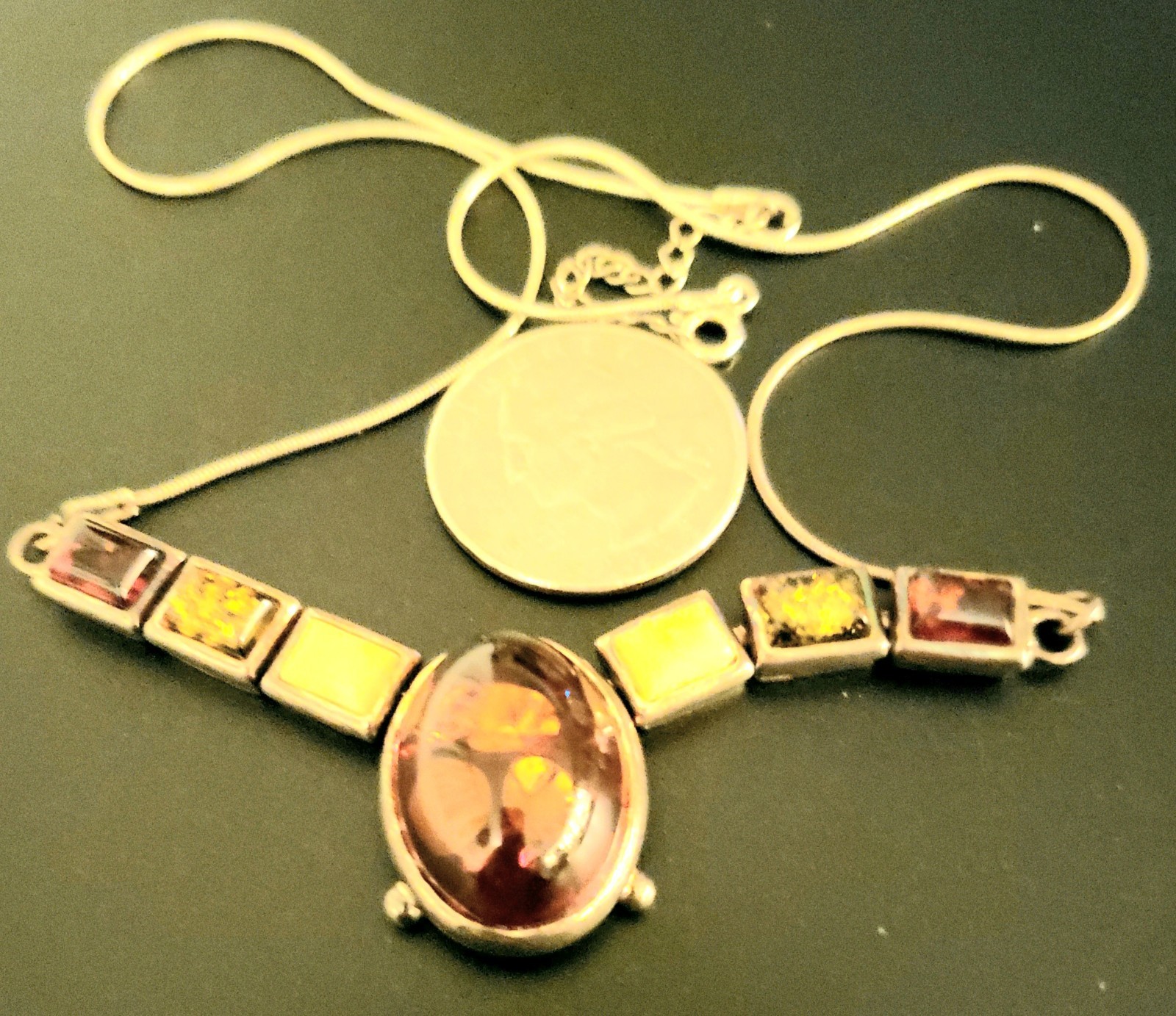 Vintage Baltic Amber Y Drop Necklace 925 Sterling Silver with other stones FAB!