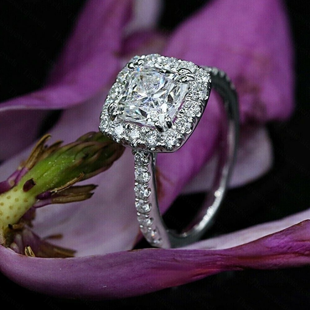 2.76 TCW Cushion Cut Moissanite Halo Engagement Ring In 14k White Gold Plated
