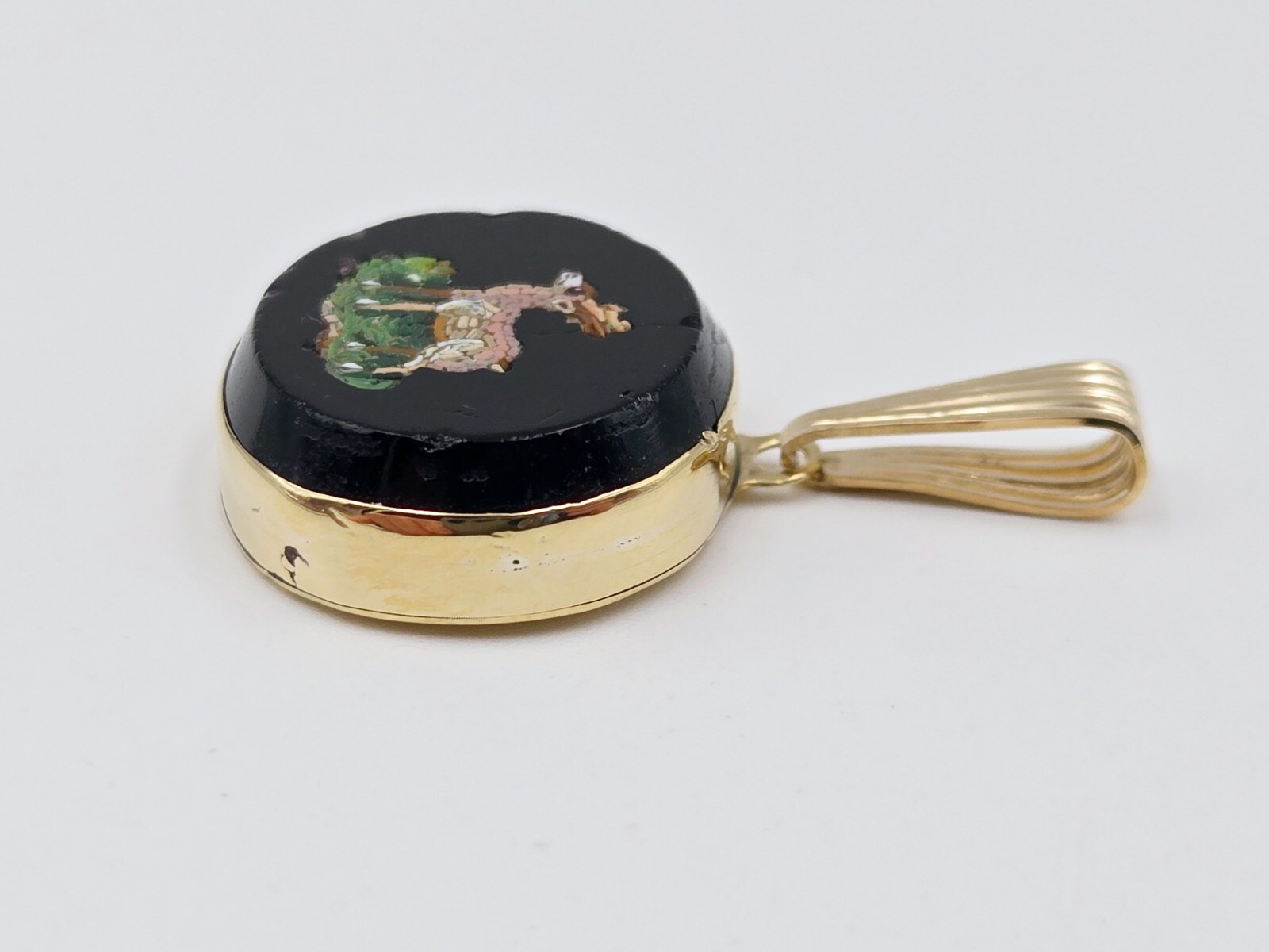 Micro Mosaic Pendant Deer Stag 14K Gold & other metals Italy Grand Tour Necklace