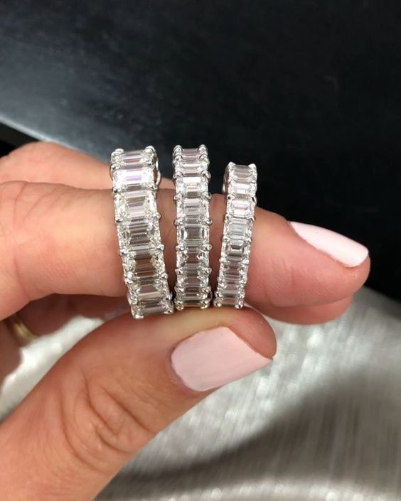 14.10 ct Emerald cut Platinum Eternity Diamond Ring Lab created IGI cert E-F VS