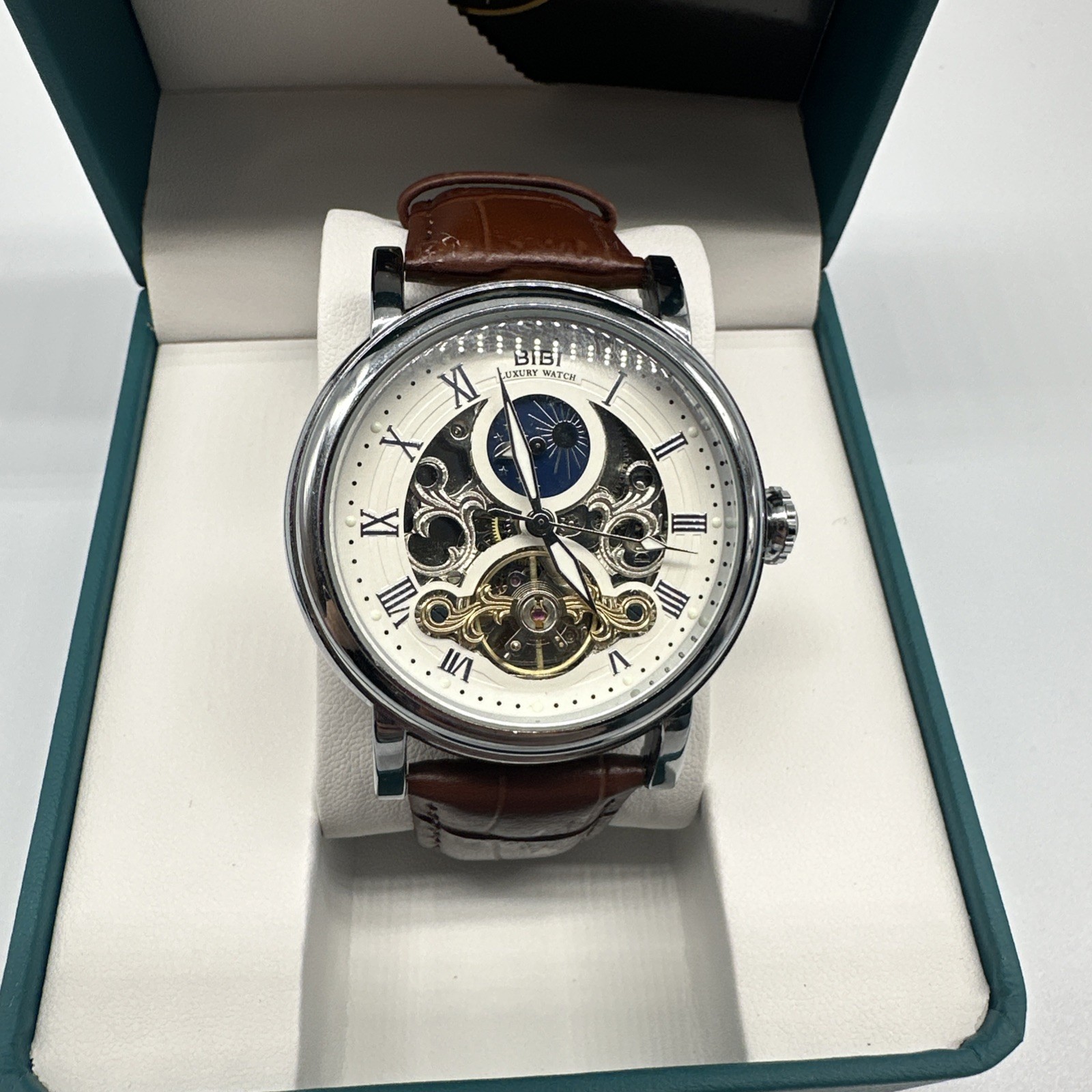 BIBI Men’s Luxury Watch B0108, 47mm Skeleton Dial, Leather Strap, New