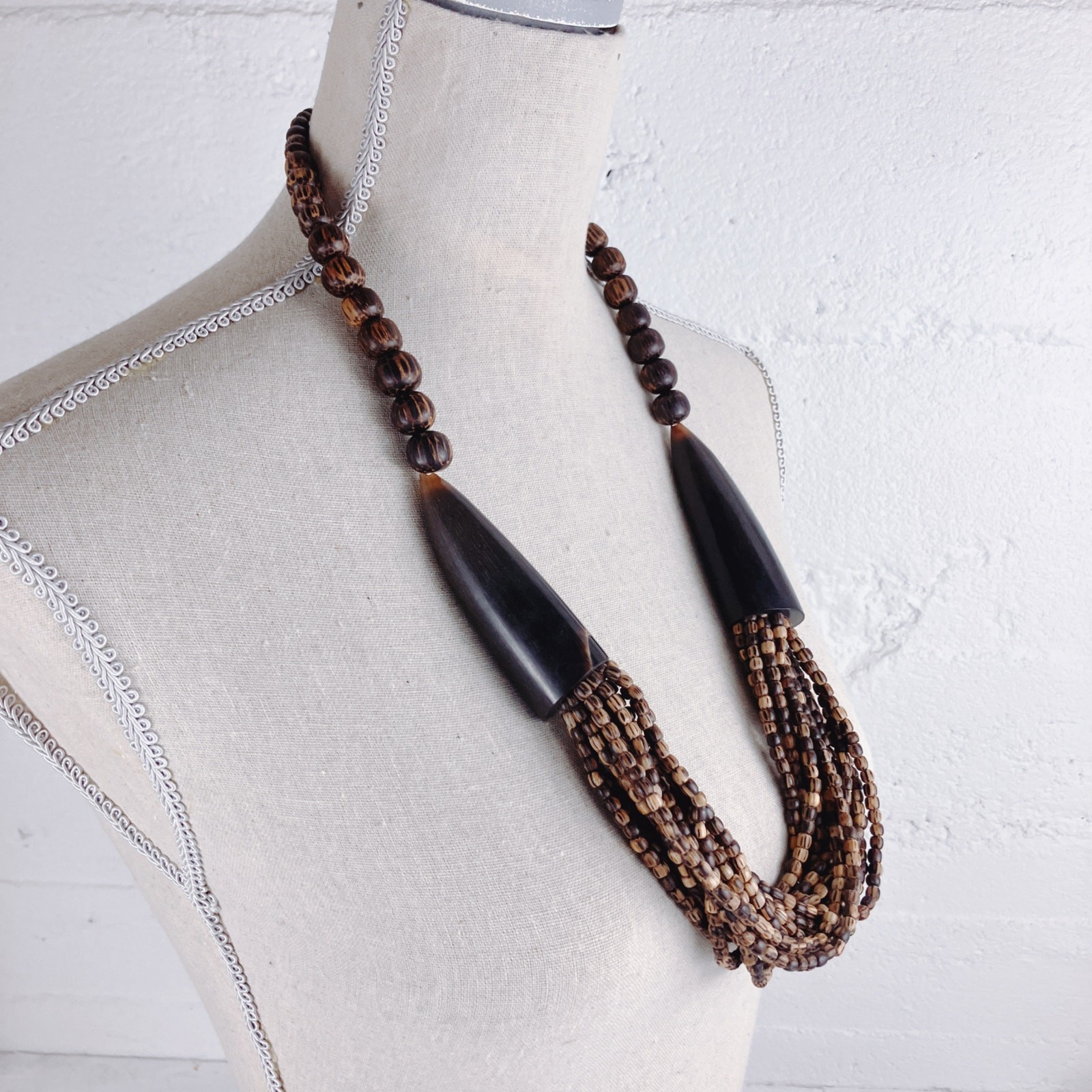 Tribal Wood Bead Bib Necklace & Earrings Set, Faux Horn, Boho
