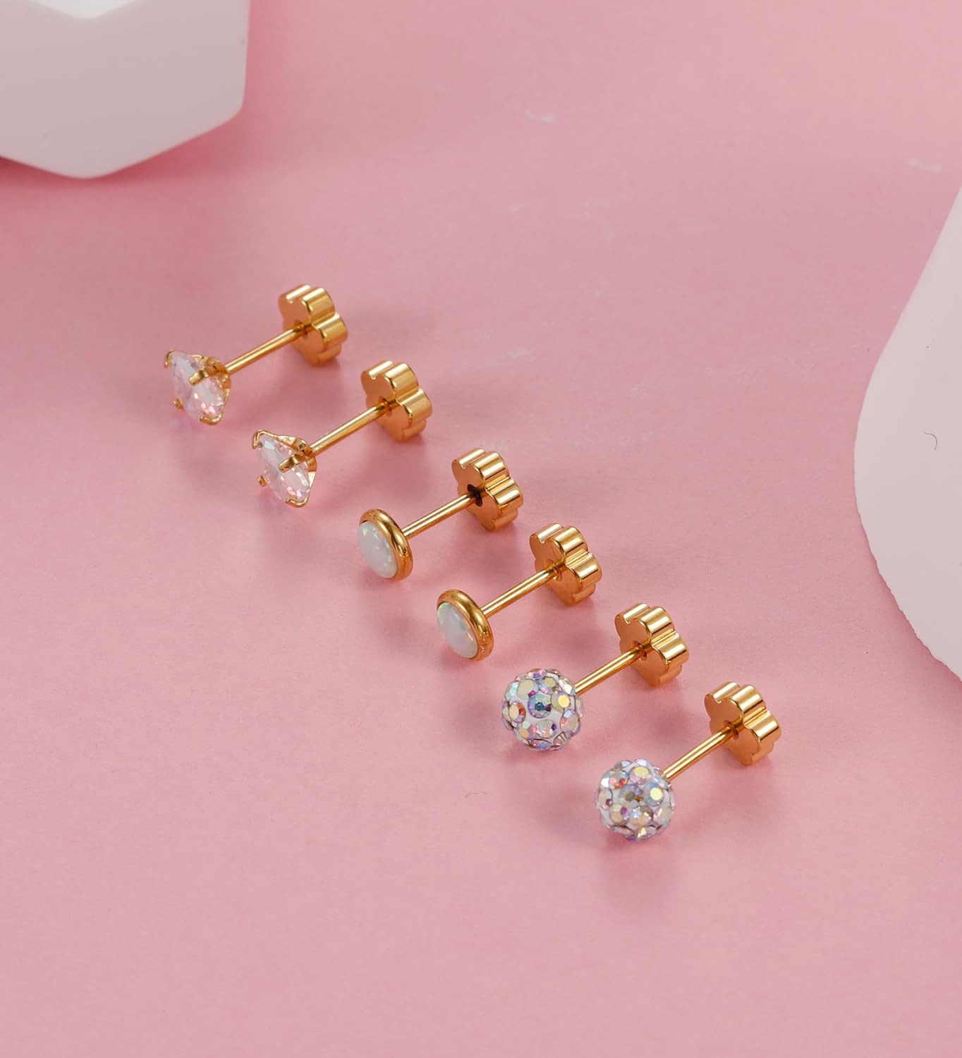 4Pairs Hypoallergenic Flat Back Earrings for Women 14K Gold Cartilage Earring fo
