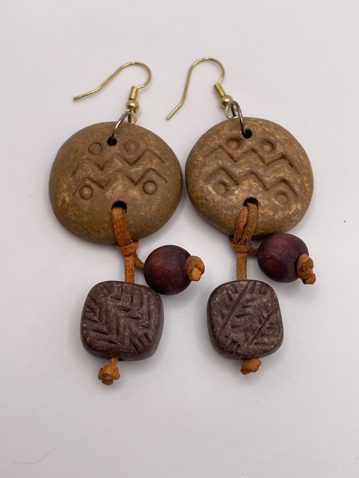 Handcrafted Tribal Style Wooden Clay and Leather Earrings