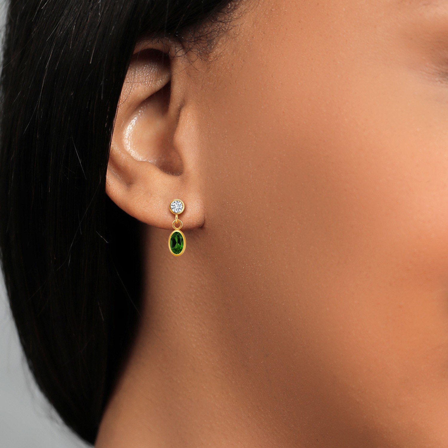14K Yellow Gold Green Chrome Diopside and White Lab Grown Diamond Drop Dangle
