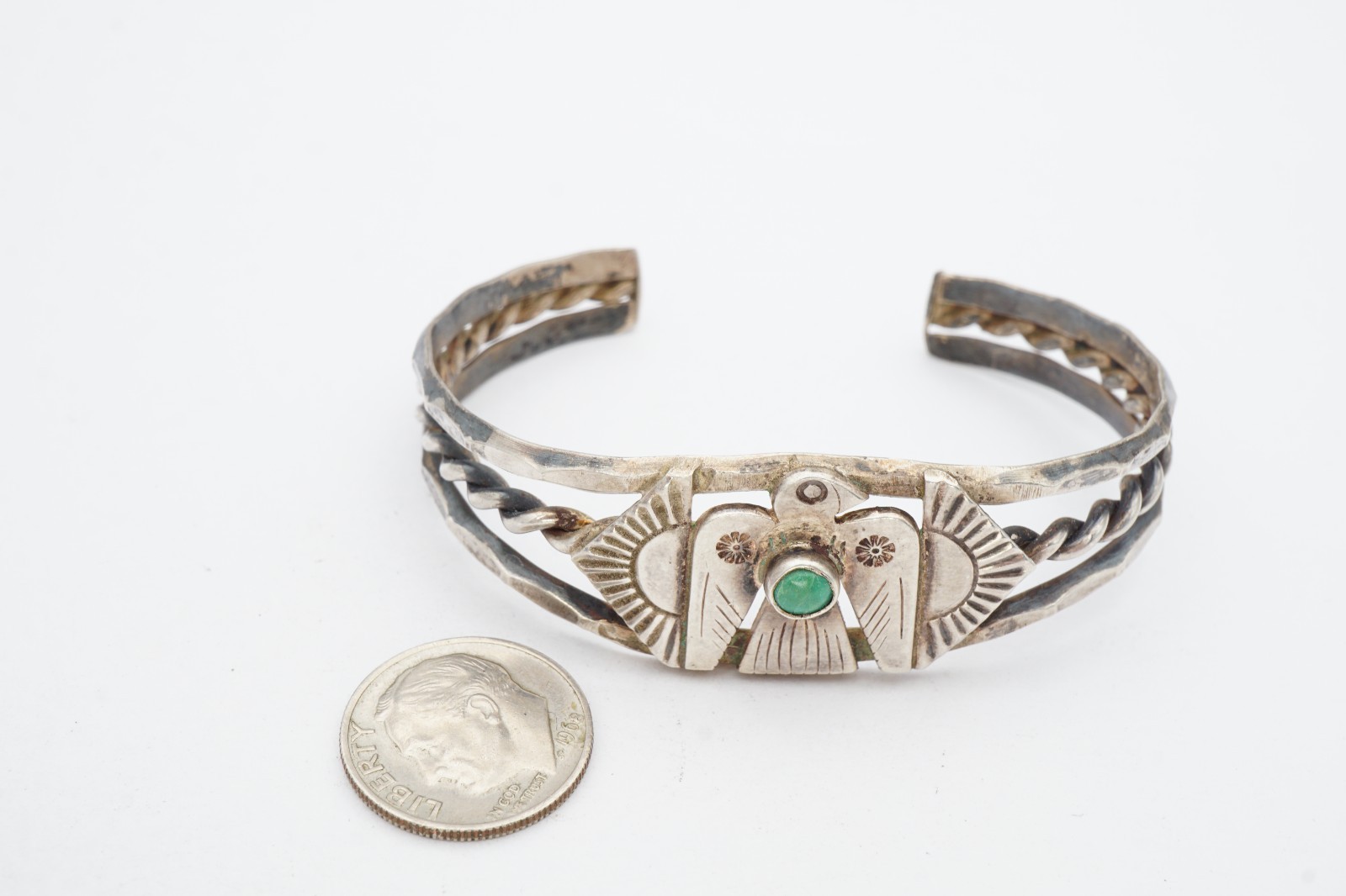 Vtg Fred Harvey Ear Navajo Sterling Silver Turquoise Thunderbird Bracelet 6.25″