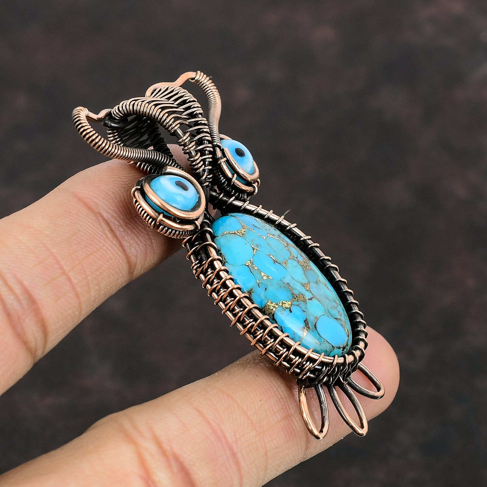 Valentines Sale Oval Copper Blue Turquoise Stone Copper Wire Wrapped Owl Pendant