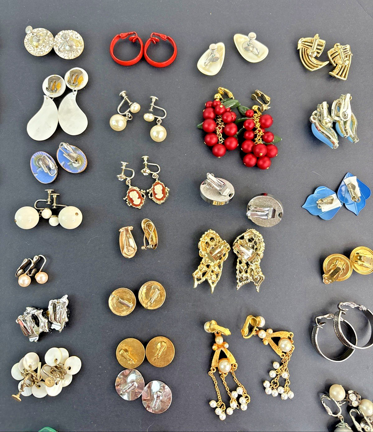 Lot of 62 Clip-on Screw Back Earrings Vintage 1940’s-1970’s Mixed Metals Cluster