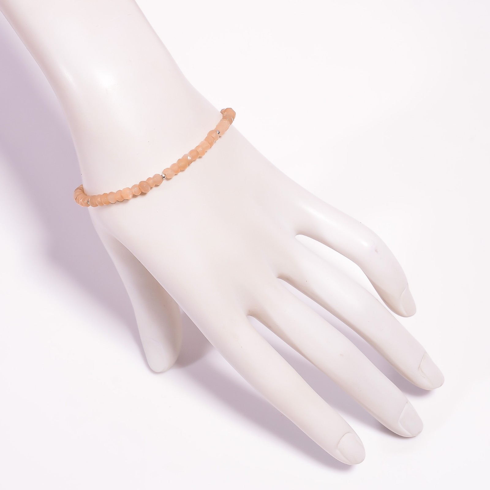 Natural Peach Moonstone 925 Sterling Silver Faceted Beads Bracelet 6-8″ P-922