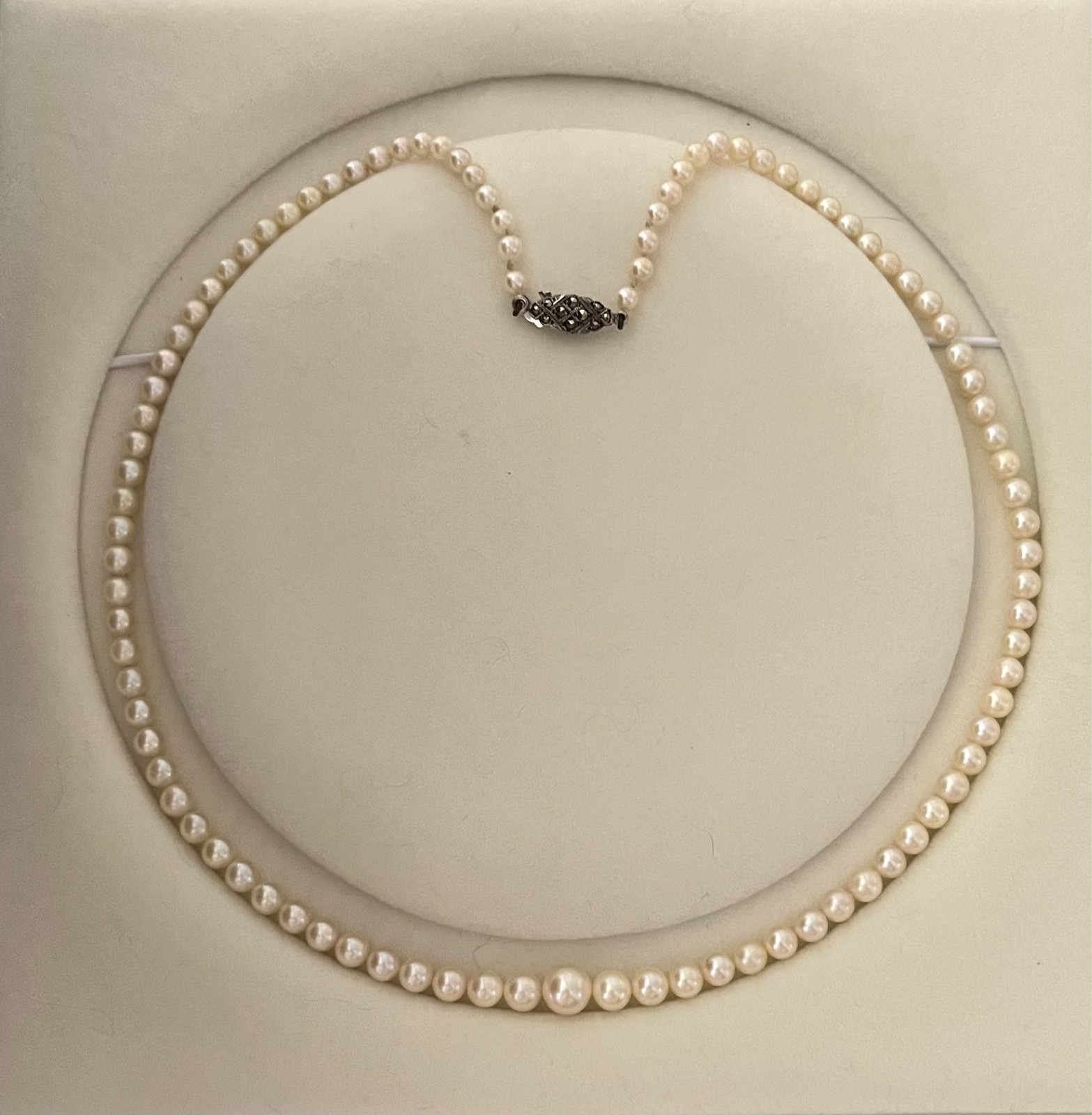 Art Deco Graduated Akoya Pearl Necklace 3.6-7.2mm 45.5cm Silver Marcasite Clasp