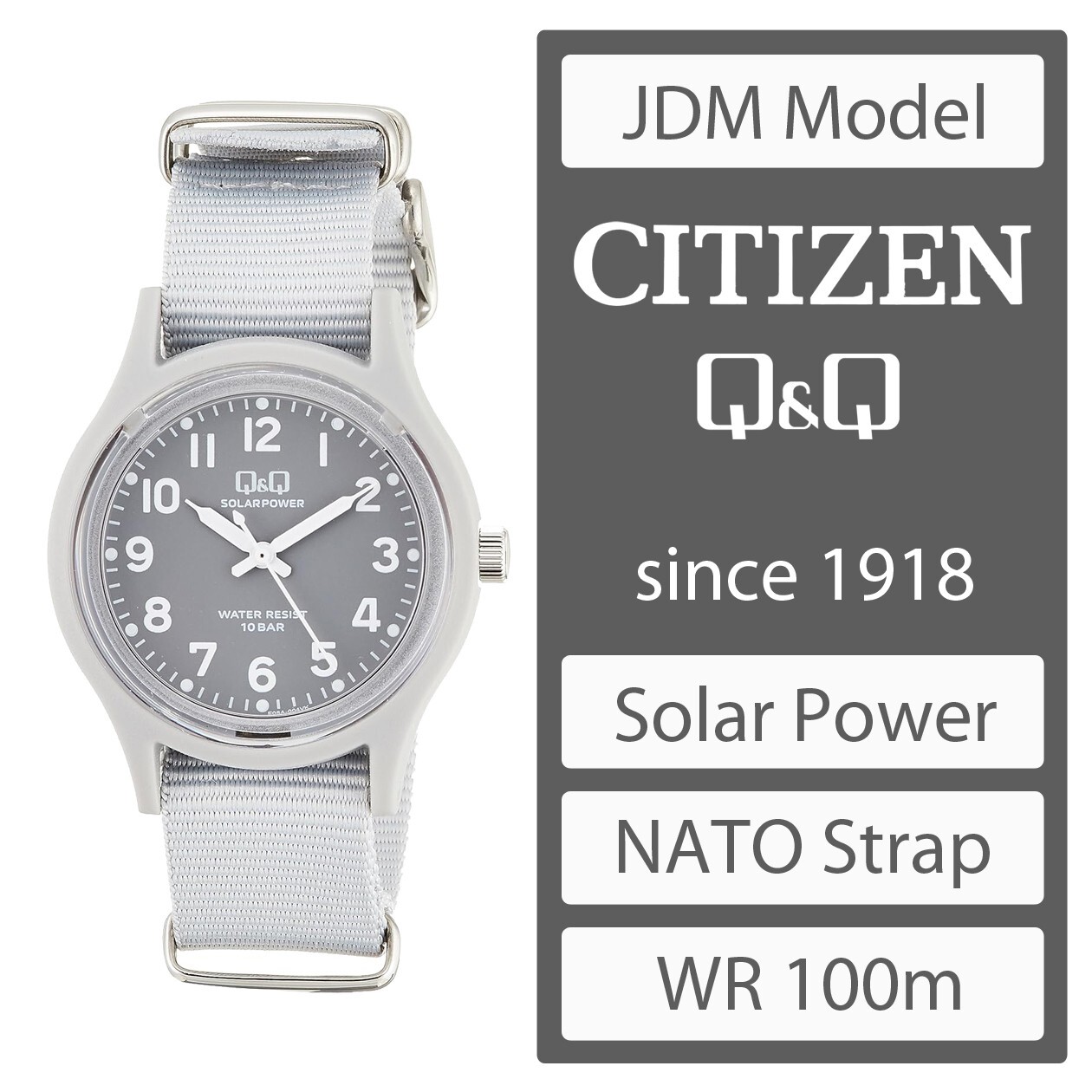 CITIZEN Q&Q Solar Powered Watch Water Resistant 100m (10ATM) NATO Strap