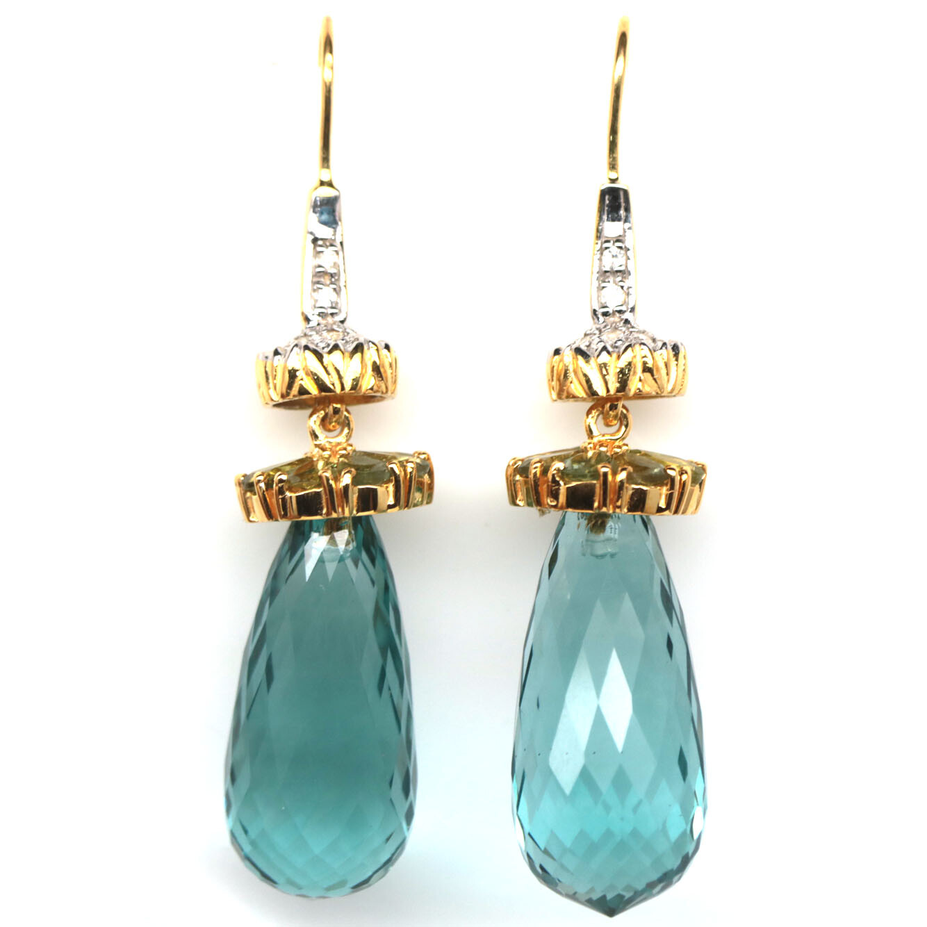 925 Silver 12 x 26 mm. Aqua Blue Aquamarine Quartz, Sapphire & Zircon Earrings
