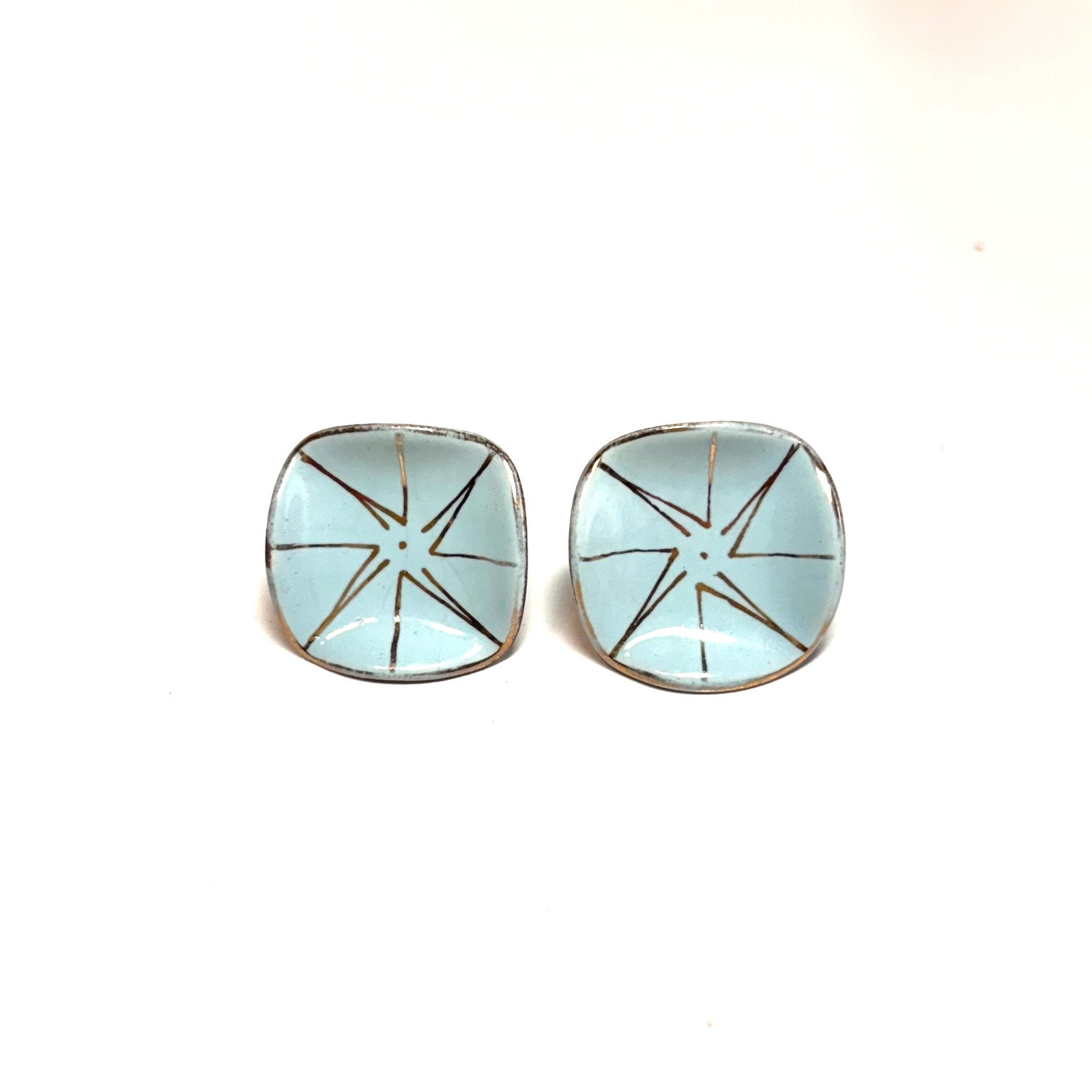 VINTAGE EARRINGS screw back MCM blue enamel goldtone edge ceramic unsigned pair
