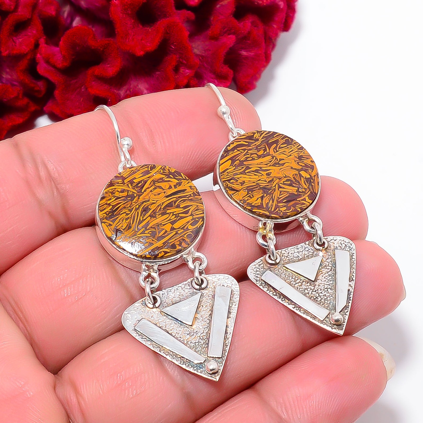 Natural Mariam Jasper Designer Handmade 925 Sterling Silver Earring 2.18″ E11093
