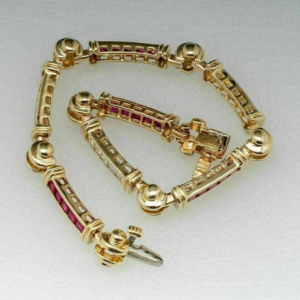 7.69Ct Princess Cut Simulated Ruby Unique Tennis Bracelet 14K Yellow Gold Plated