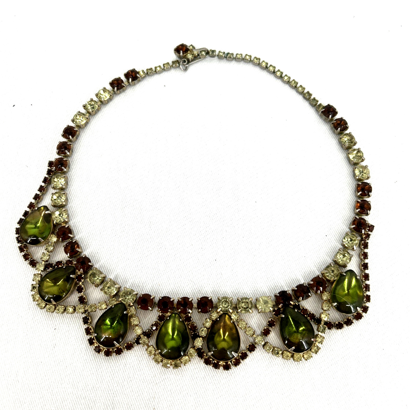 Statement Necklace Rhinestone Jelly Belly Glass Stones Green Brown Clear Unsigne