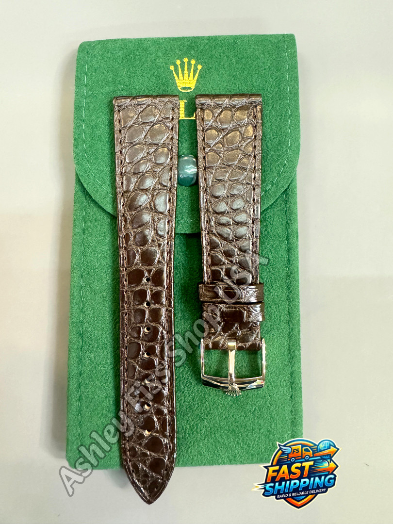 ROLEX Genuine Brown Crocodile Leather Watch Strap 20-16mm Silver Buckle NOS Rare