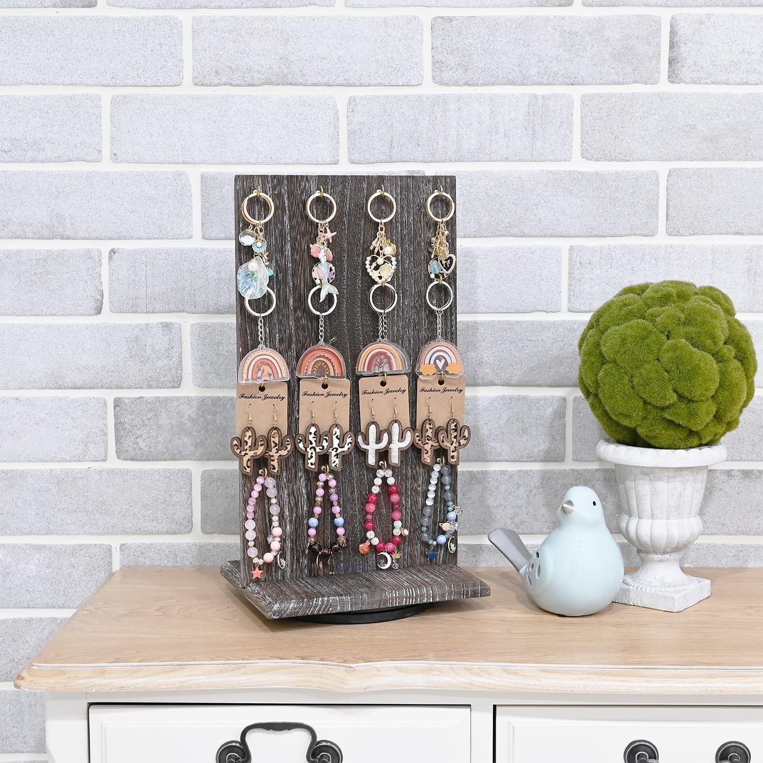 Elegant Wood Rotating Two-Sided Jewelry Display with 32 Hooks in Coffee Finish
