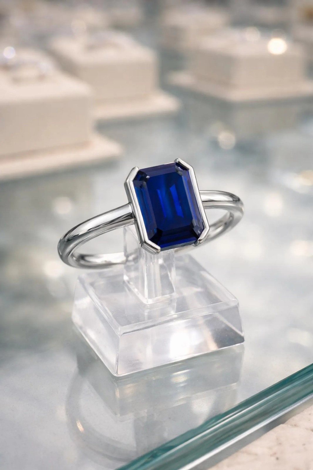 2 Ct Natural Blue Sapphire Ring Emerald Cut Solid 14K White Gold Fine Jewelry