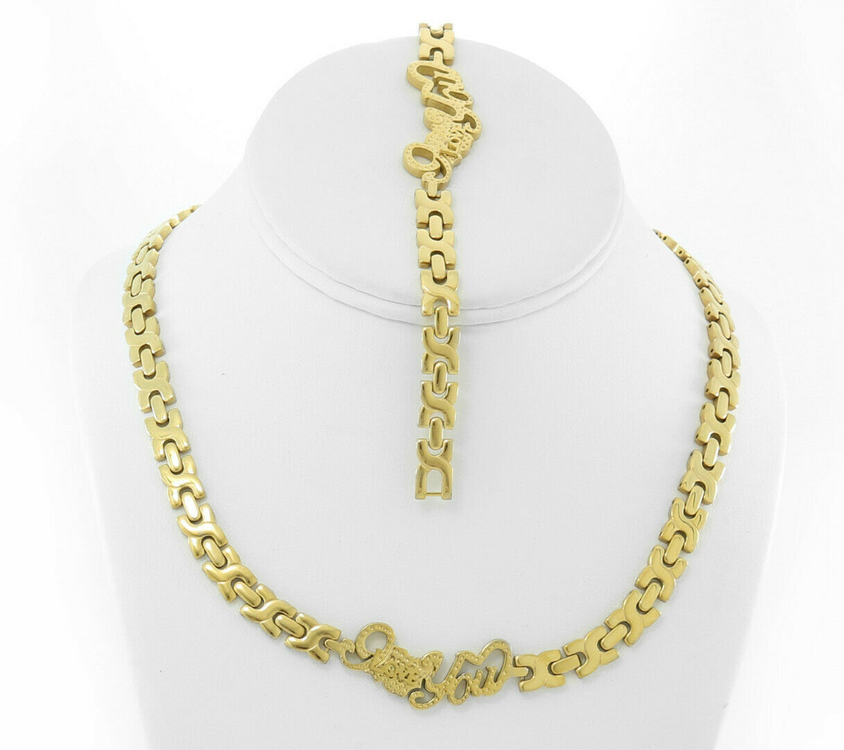 Stainless Steel Gold Tone I LOVE YOU Hugs Kisses Set XOXO Necklace Bracelet 18”