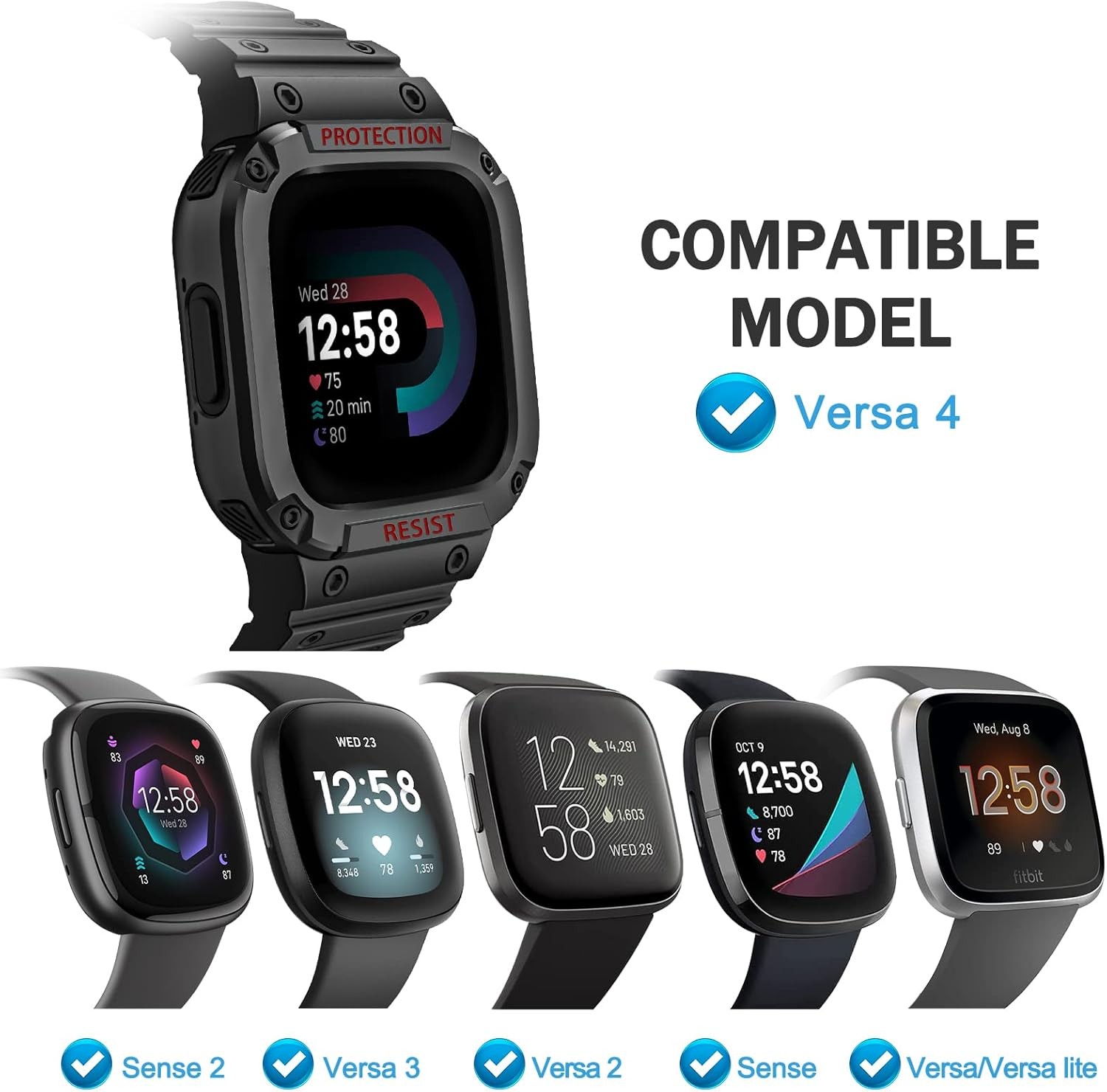 For Fitbit Versa 3/2/1/Lite/Sense Rugged Men Sport Bands with Protective Cover
