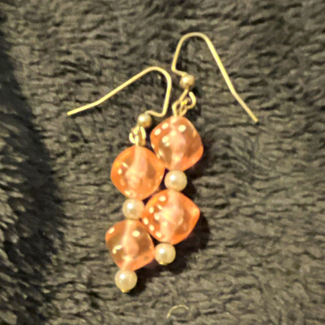 Pink White Round Beaded Dangle Drop Earrings Silver Tone Hook Lobe