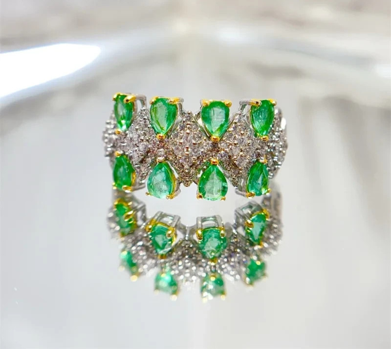 Natural Emerald Double Layer Band Ring 3x4mm 925 Sterling Silver with Platinum