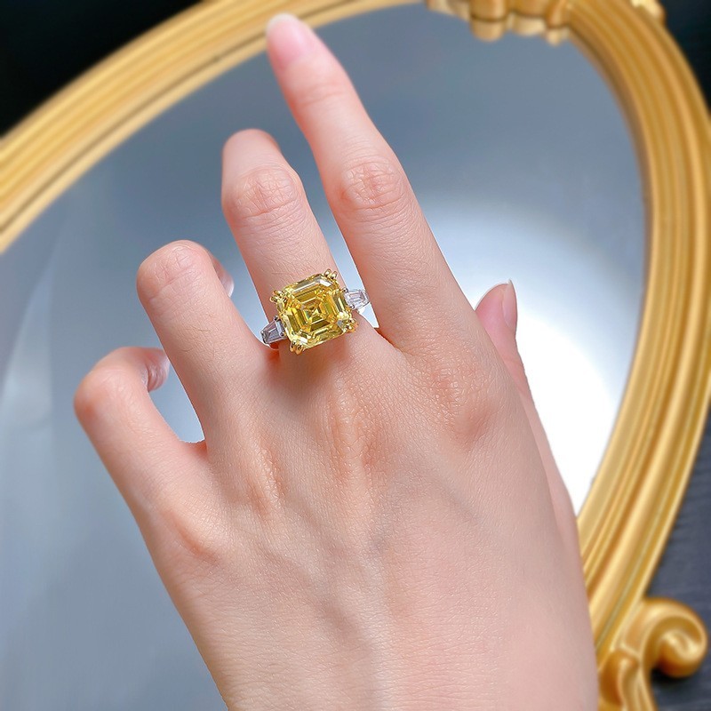 9ct Asscher Cut Lab Grown Yellow Diamond Three-Stone Ring, 18K Gold Vermeil