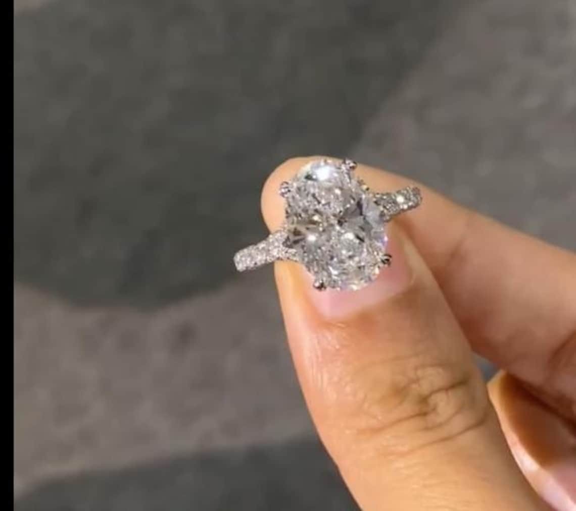 3CT Oval Cut Hidden Halo F/VVS1 Moissanite Engagement Ring 14K White Gold Plated