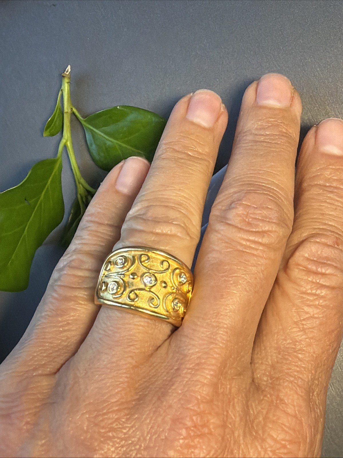 Vintage Gold Plated Wide Band Ring Sz 7 Scrolls Etruscan Revival Estate USA Made