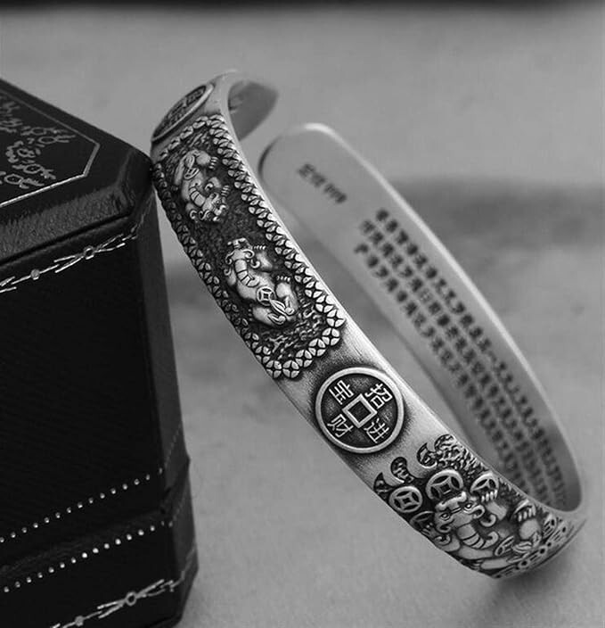 Men Vintage Silver Pixiu Cuff Bracelet Adjustable Wrist Bangle Lucky Bracelet