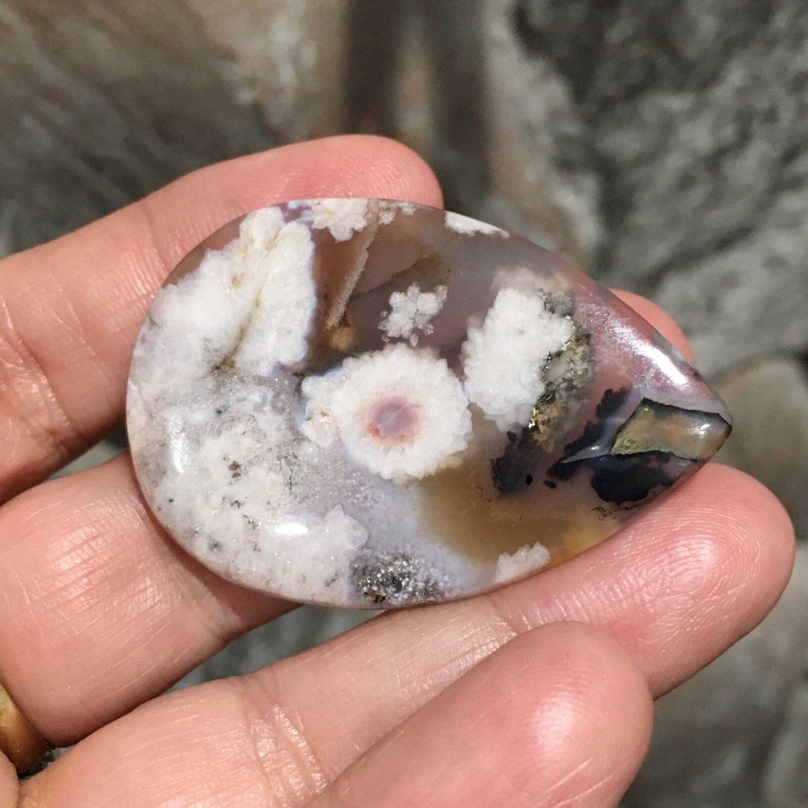 48×32.9×4.5mm Fine Collectors’ Flower Picture Plume Agate Teardrop Cabochon Gem