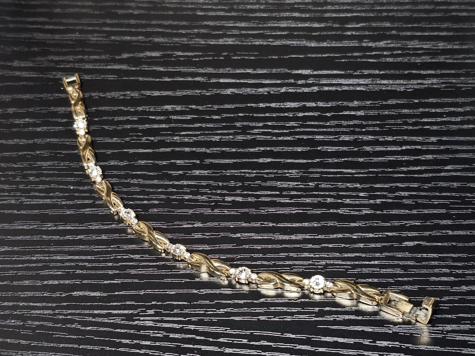 Gold Tone Twisted Link Bracelet Clear CZ Stones Fold Over Clasp